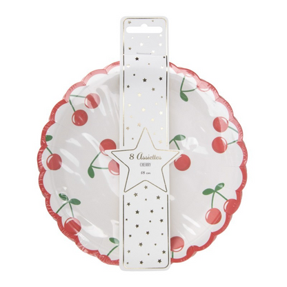 Fun cherry print party plates with a bold red scalloped edge.
