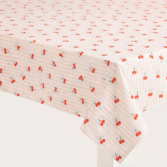 Cherry print paper tablecloth with pink stripe background