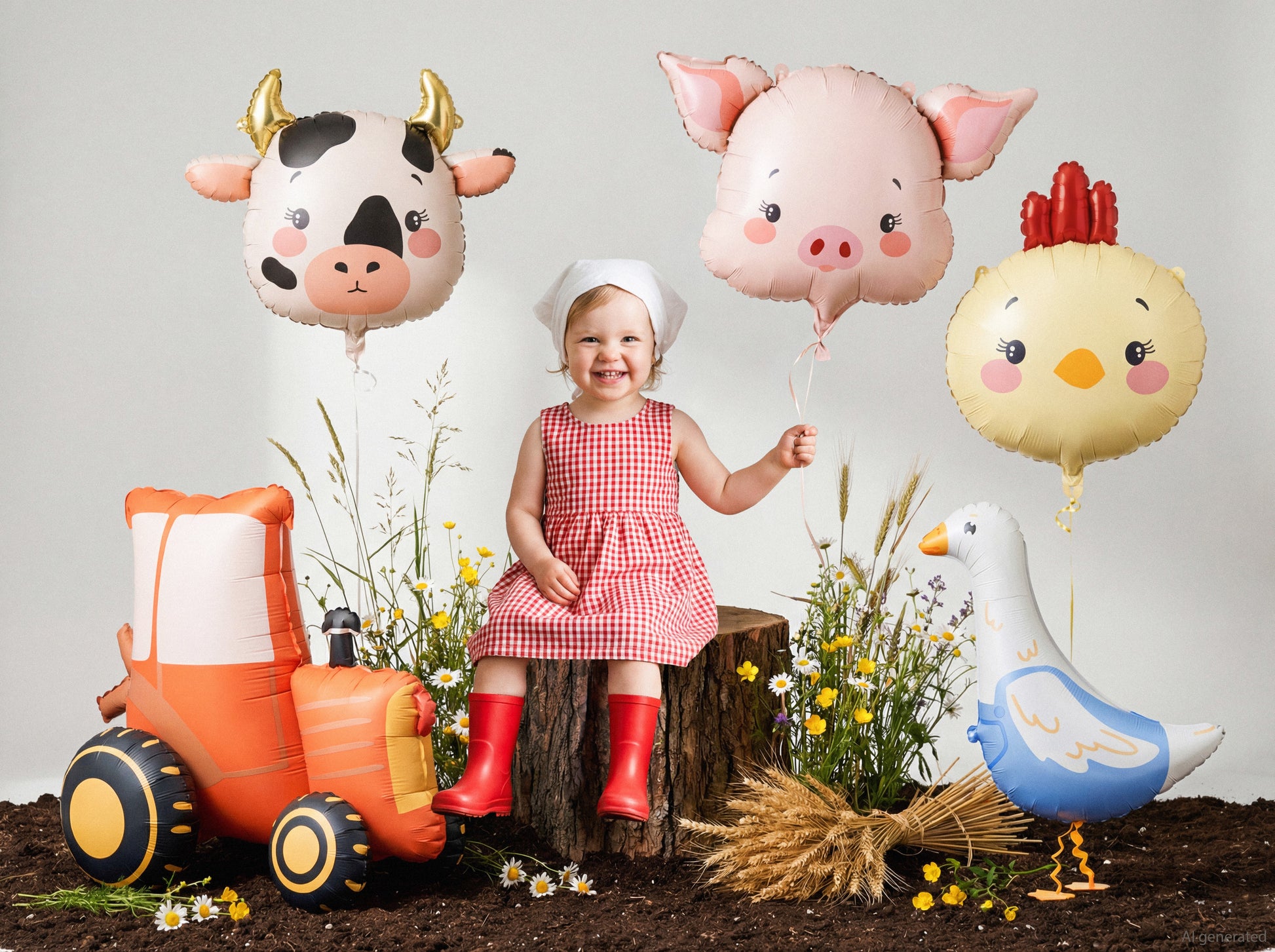 Cute chicken foil balloon with red comb and rosy cheeks for farm themed parties