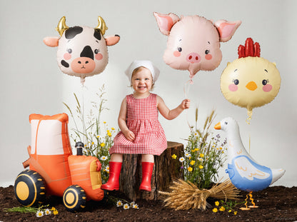 Cute chicken foil balloon with red comb and rosy cheeks for farm themed parties