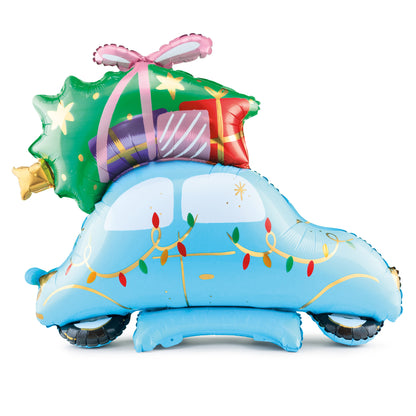  festive balloon shaped like a car with a green roof carrying presents on a white background