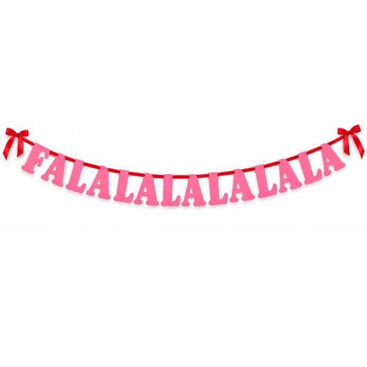 Pink Fa La La Christmas banner with red ribbon and bows