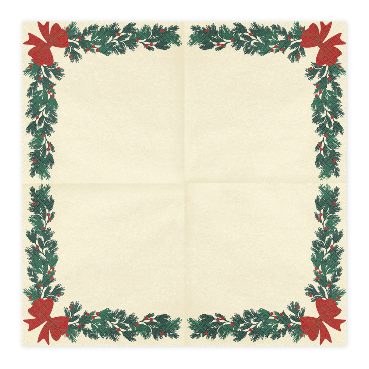 Cream Christmas paper napkins with green garland red berries and red bow