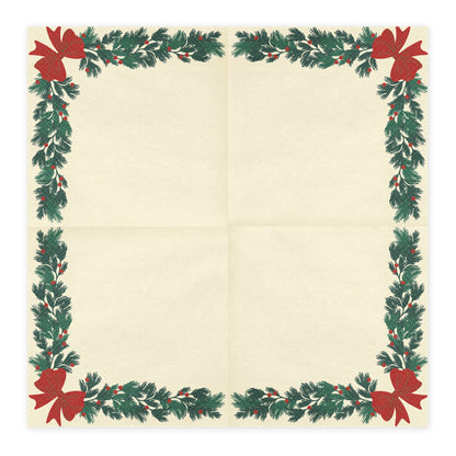 Cream Christmas paper napkins with green garland red berries and red bow