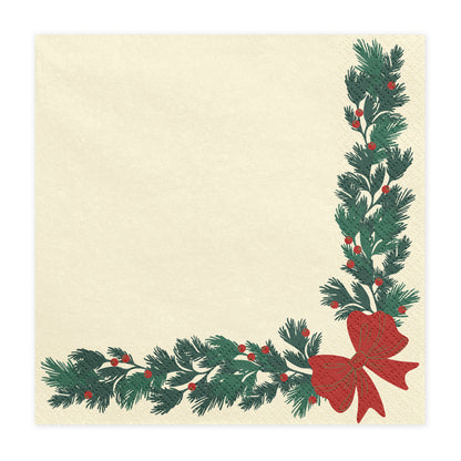 Cream Christmas paper napkins with green garland red berries and red bow