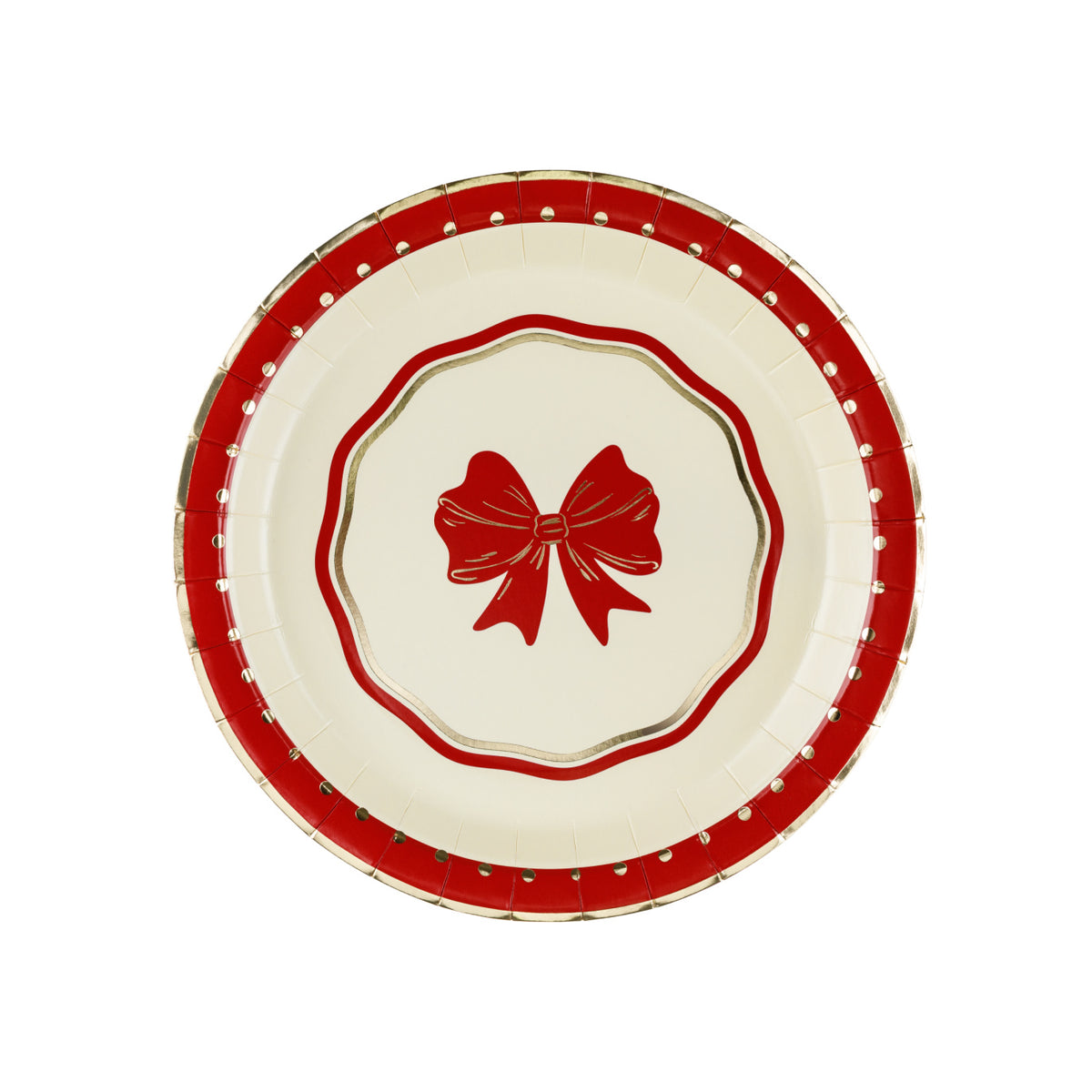Small cream and red bow paper plates with gold edging