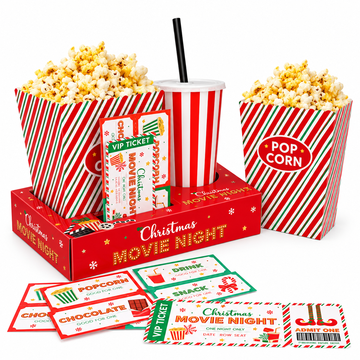 Christmas Movie Night Snack Packs.
Contains everything you need to set up individual movie-night treats for six people