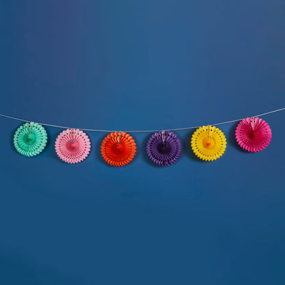 Colourful 2m paper fan garland with six paper fans on pink string for party and wedding decorations