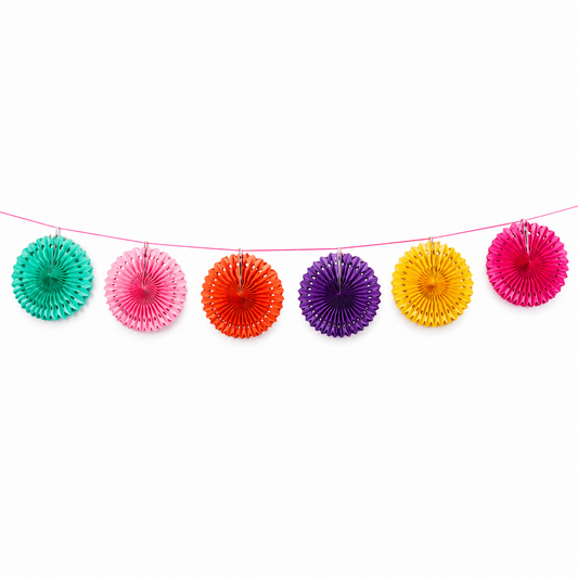 Colourful 2m paper fan garland with six paper fans on pink string for party and wedding decorations