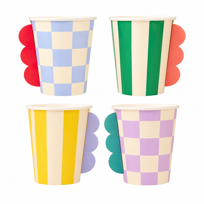 Whimsical paper party cups with colourful striped and checked designs