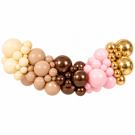Gingerbread balloon garland in chocolate brown, latte, pink and gold