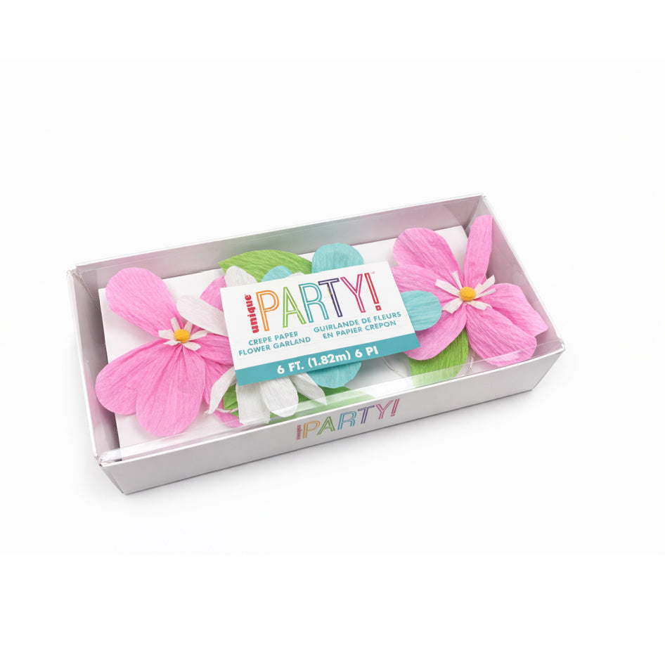 Pastel crepe paper flower garland with pink, white and turquoise flowers in a presentation box