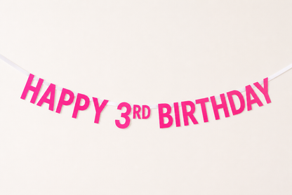 A neon pink 'HAPPY 3RD BIRTHDAY' Custom Made Personalised Banner Choose your Age