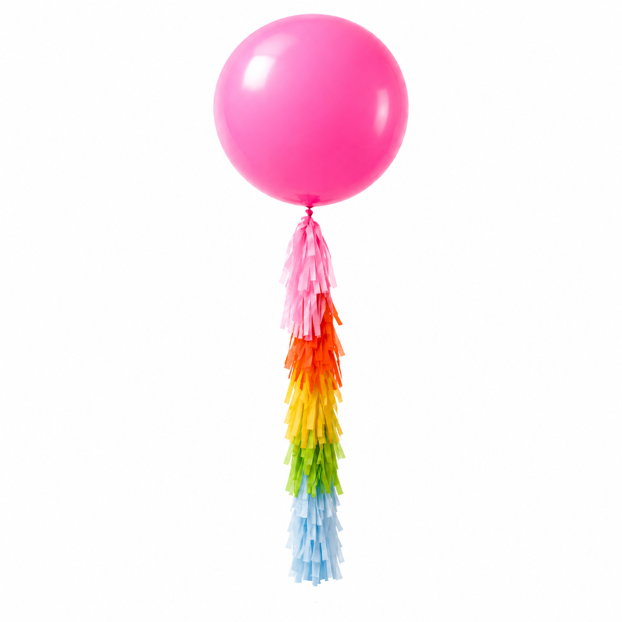 A custom Made balloon tassel fringe with block colors hanging from a white balloon, featuring orange, yellow, and green colors.