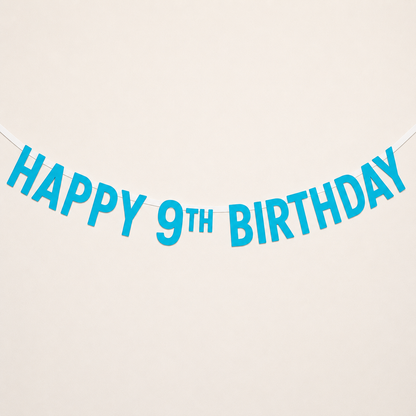 An aqua 'HAPPY 9TH BIRTHDAY' Custom Made Personalised Banner Choose your Age