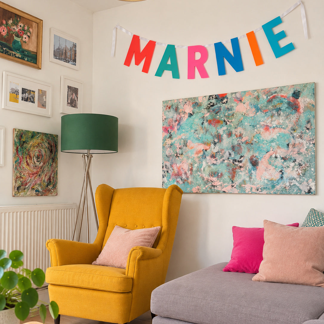 Custom name party banner in four chosen colours