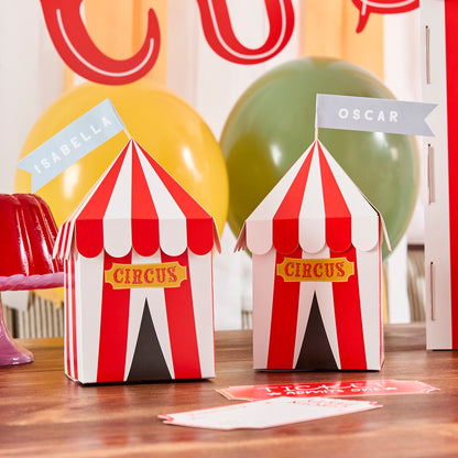 Circus themed customisable party favour boxes with red and white circus tent design