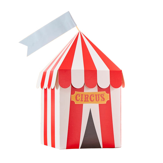 Circus themed customisable party favour boxes with red and white circus tent design