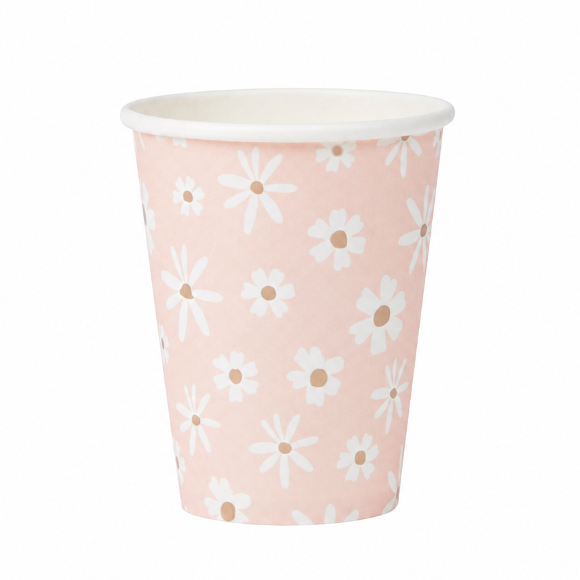 Daisy print paper party cups for birthdays, baby showers and spring celebrations