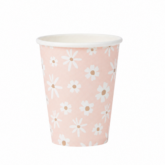 Daisy print paper party cups for birthdays, baby showers and spring celebrations