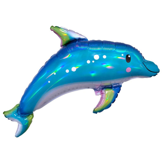 A metallic dolphin-shaped foil balloon with a blue body, green and yellow accents, and white polka dots, isolated on a white background.