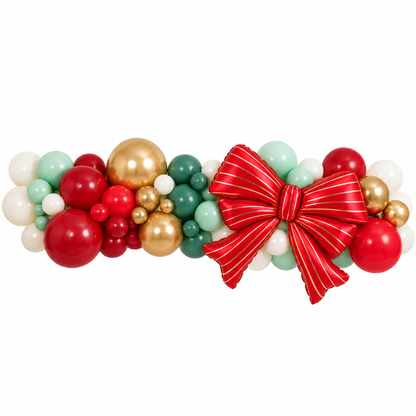 Red, green, mint, white and gold Christmas balloon garland kit with giant red bow balloon