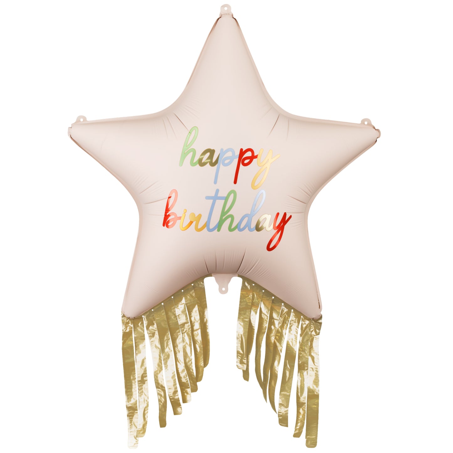 Star-shaped balloon with 'happy birthday' text and gold fringe on a white background