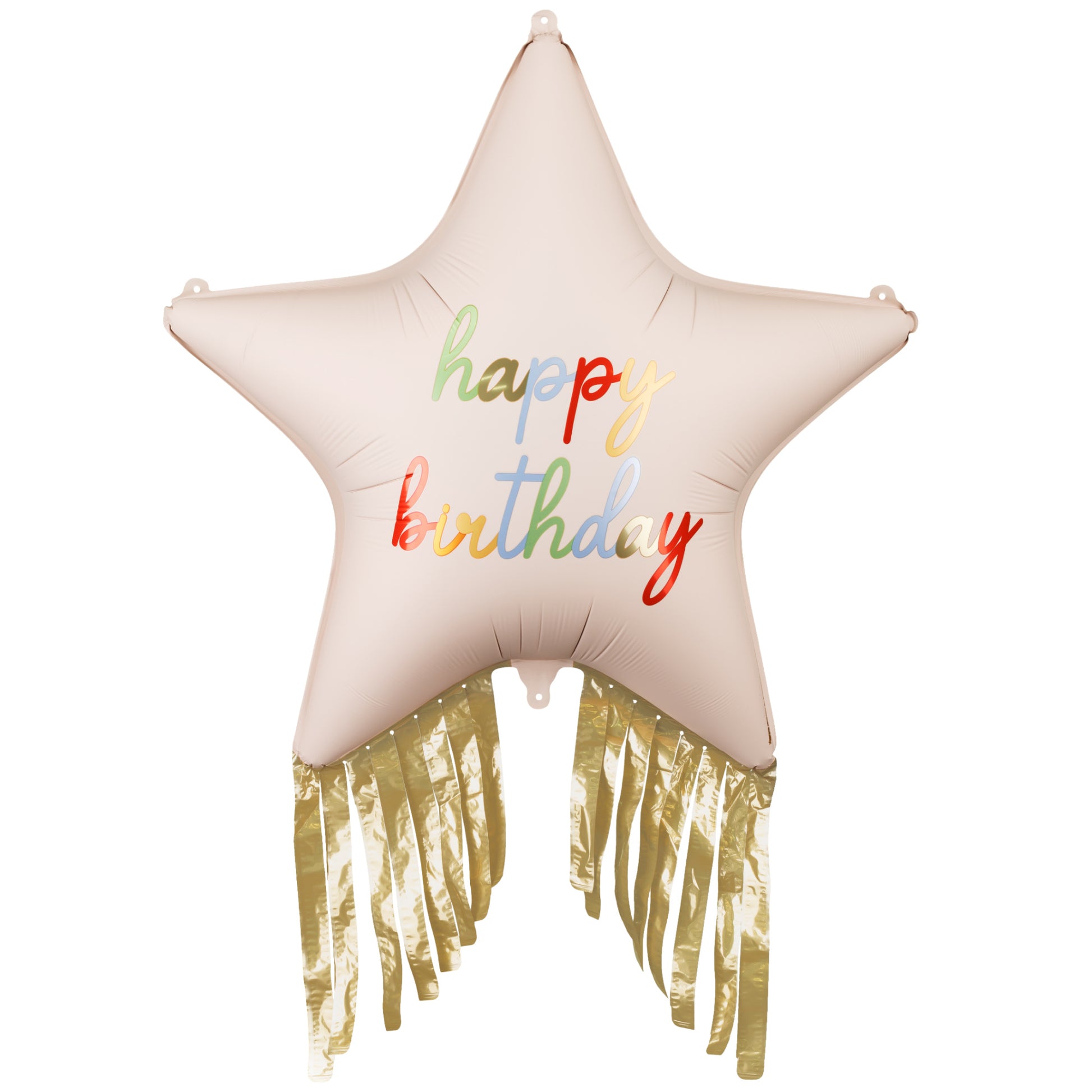 Star-shaped balloon with 'happy birthday' text and gold fringe on a white background