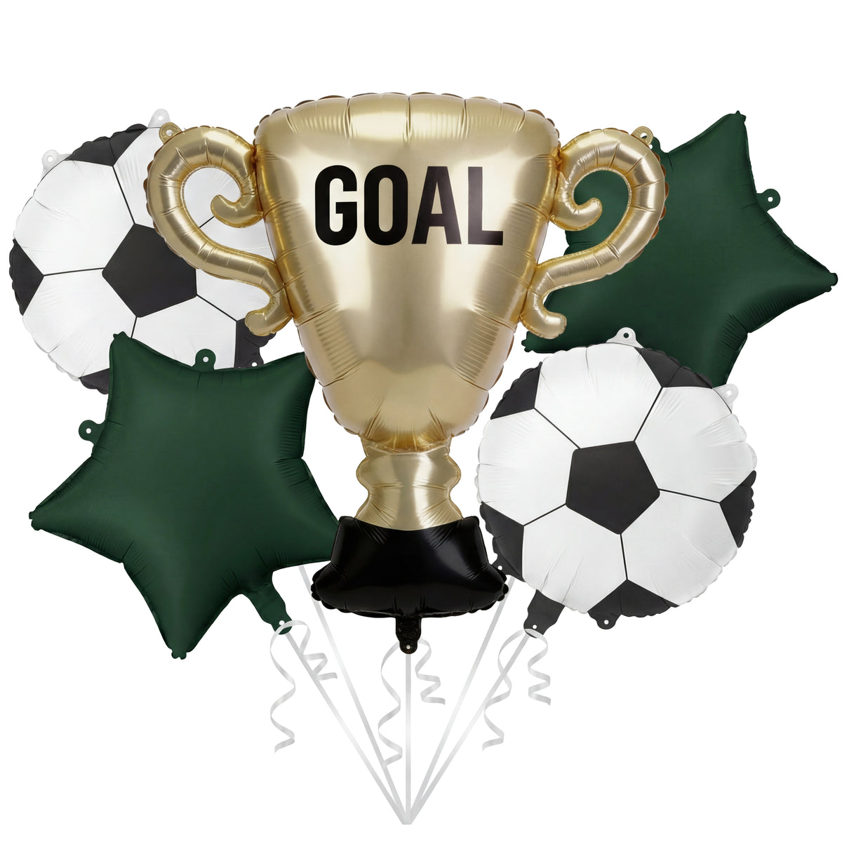 Football foil balloon bouquet with gold GOAL trophy, black and white footballs and green star balloons