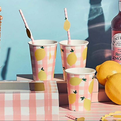Lemon and pink gingham paper straws with lemon decorations