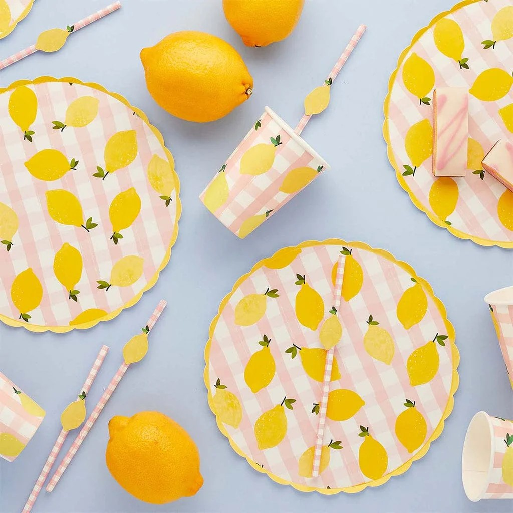 Lemon and pink gingham paper plates with scalloped edge