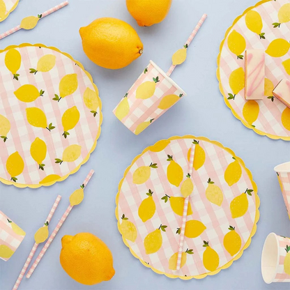 Lemon and pink gingham paper plates with scalloped edge