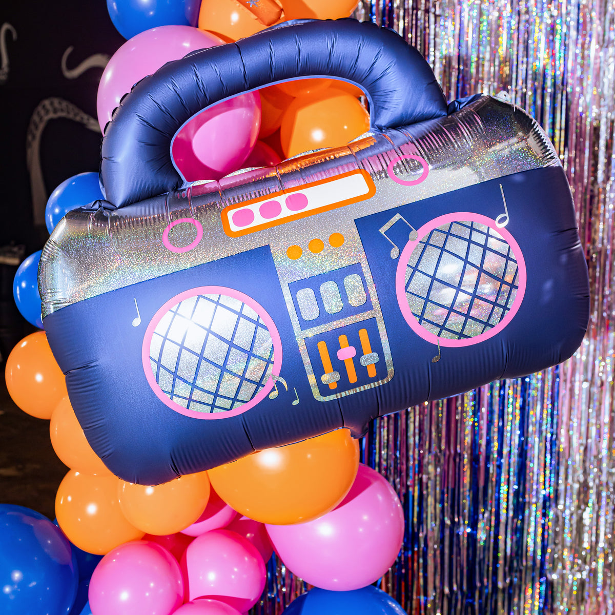 Giant retro boombox foil balloon with colourful holographic details