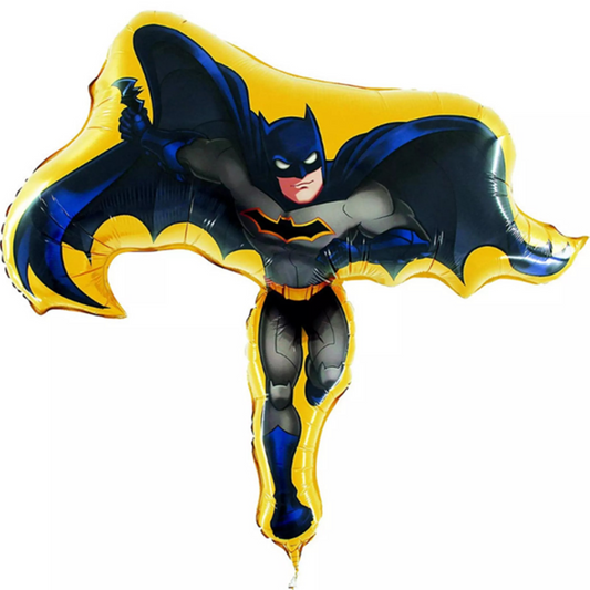 Batman-shaped balloon with yellow and blue design on a white background