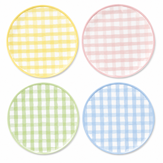 Gingham Party Plates in Pastel Shades - Yellow, Green, Pink, Blue