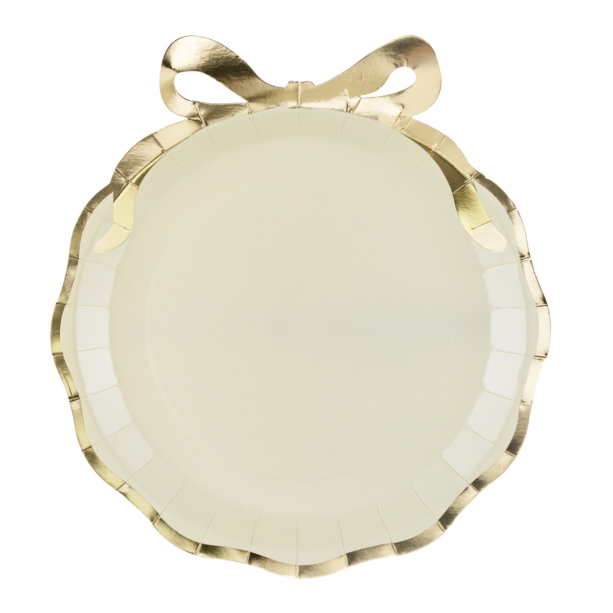 Cream and gold bow paper party plates with metallic gold edging