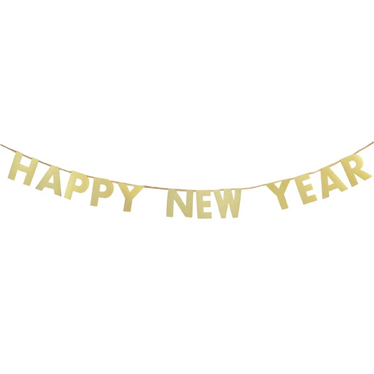 Gold 'Happy New Year' banner on a white background