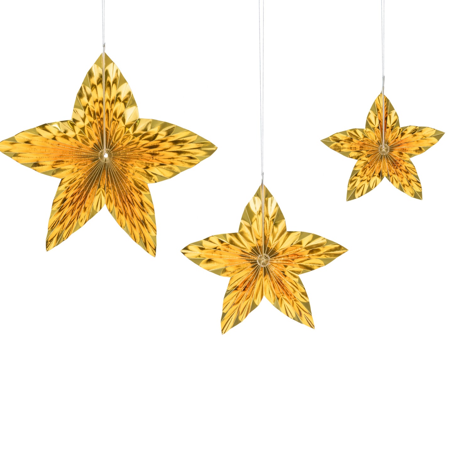Set of 3 metallic gold hanging paper star decorations in three sizes.