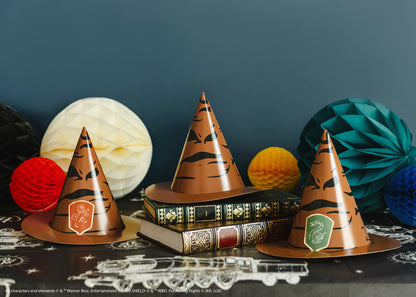 Harry Potter Sorting Hat party hat with Gryffindor, Slytherin, Hufflepuff and Ravenclaw house stickers.