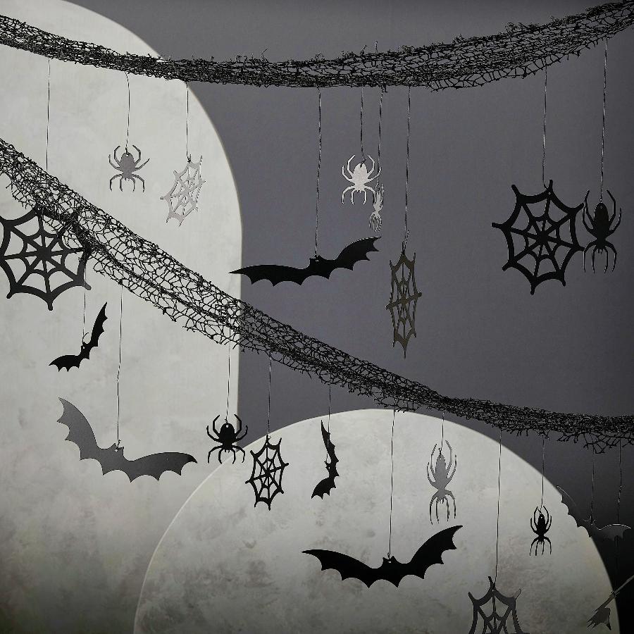 Halloween Backdrop with Hanging Spiders, Bats and Cobwebs UK