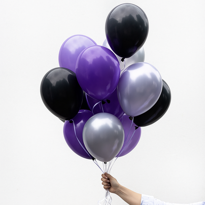 Bunch of black, purple, and silver balloons for Halloween Wednesday Addams Party