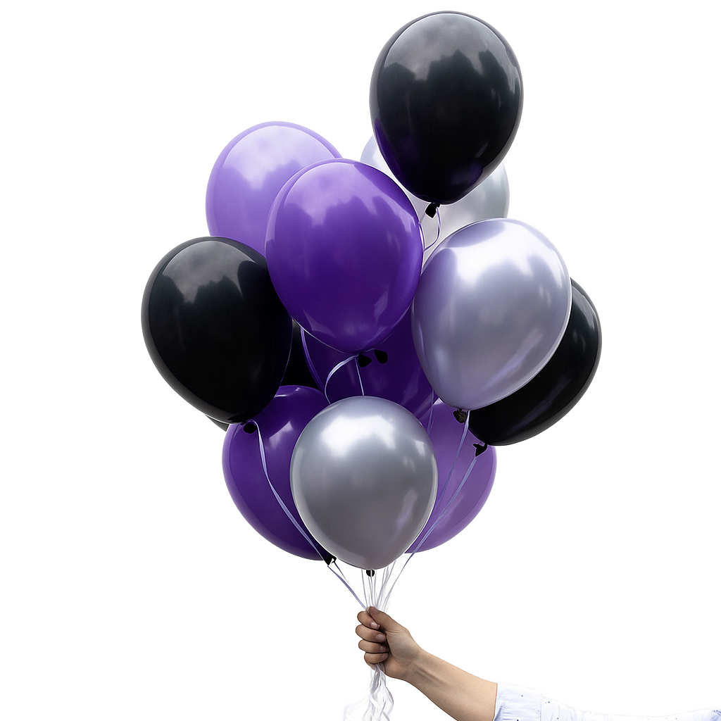 Bunch of black, purple, and silver balloons for Halloween Wednesday Addams Party