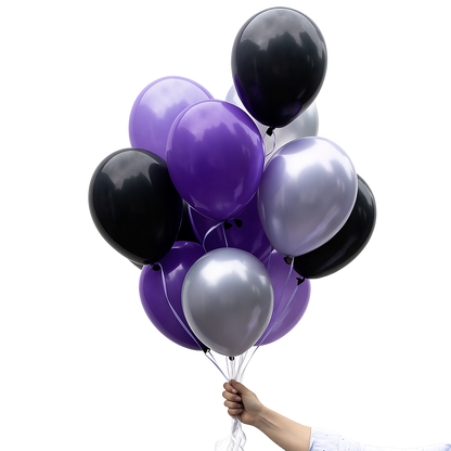 Bunch of black, purple, and silver balloons for Halloween Wednesday Addams Party