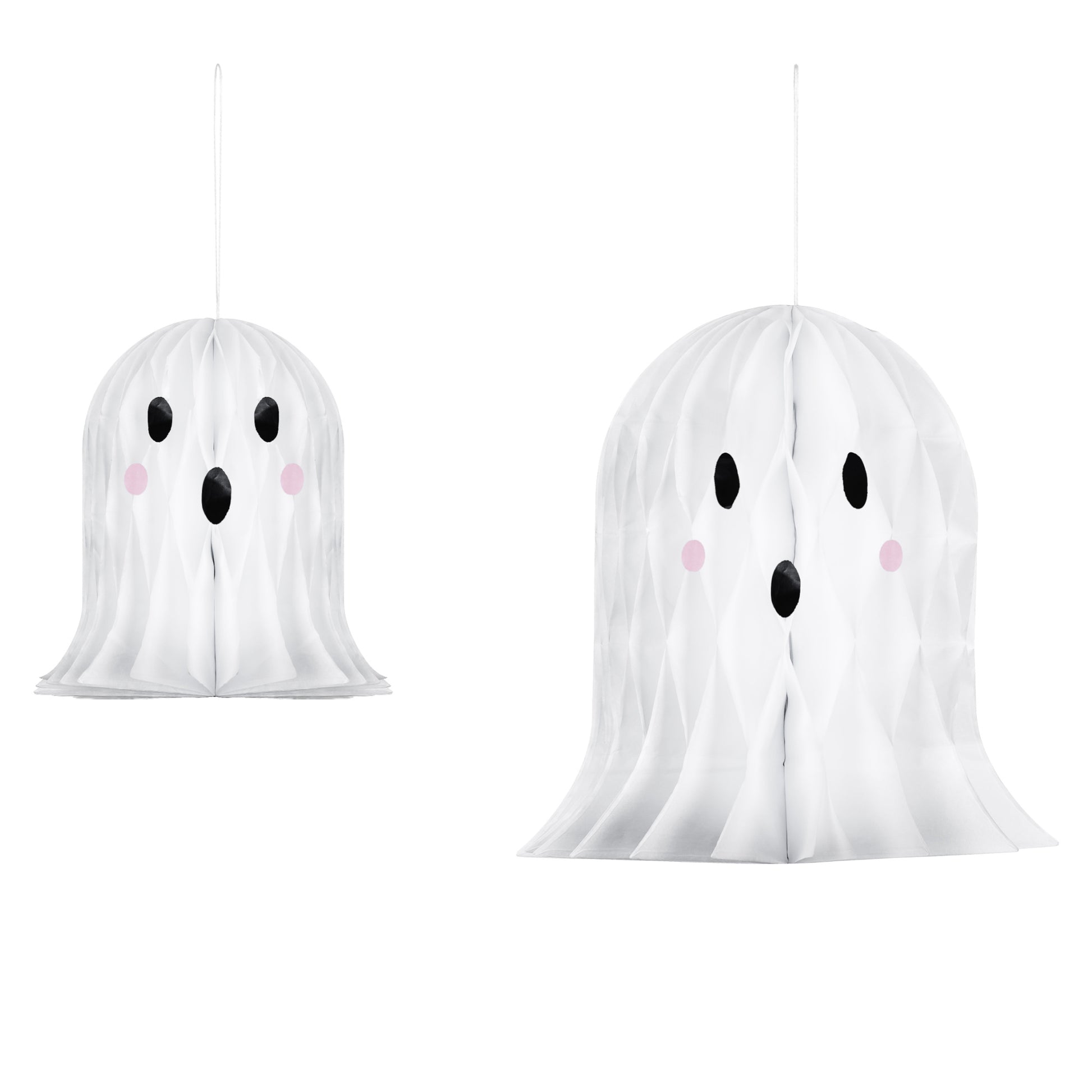 Two white ghost-shaped hanging decorations with black eyes and mouths and pink cheeks, shown on a plain white background.