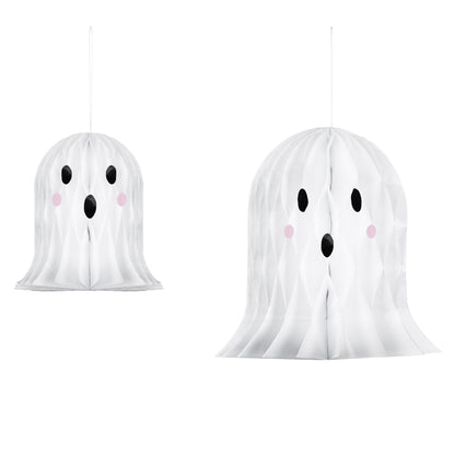 Two white ghost-shaped hanging decorations with black eyes and mouths and pink cheeks, shown on a plain white background.