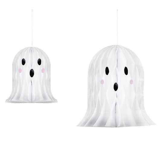 Two white ghost-shaped hanging decorations with black eyes and mouths and pink cheeks, shown on a plain white background.