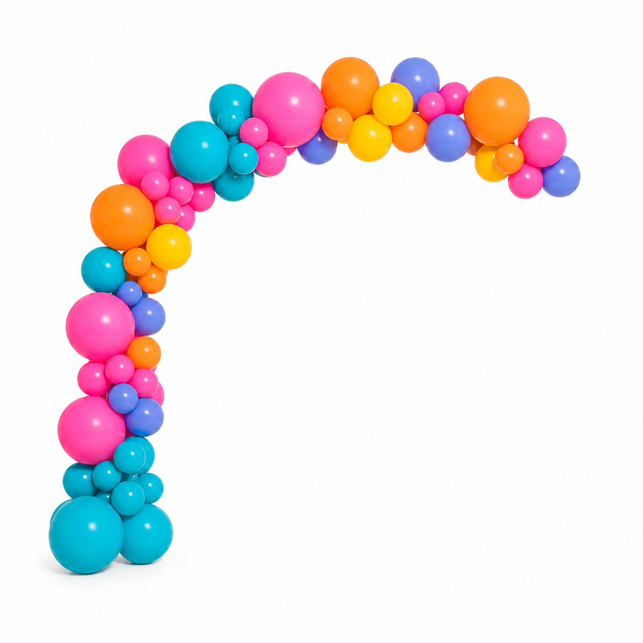 Colorful balloon arch with pink, blue, orange, and purple balloons on a white background