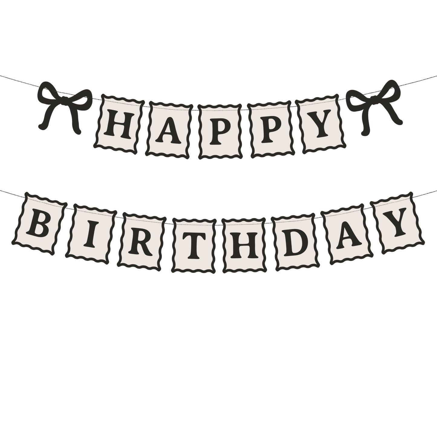 Minimal Happy Birthday banner in cream and black with bow details. Perfect for modern, stylish birthday decorations.
