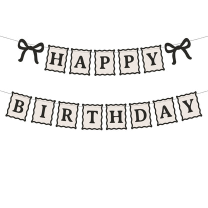 Minimal Happy Birthday banner in cream and black with bow details. Perfect for modern, stylish birthday decorations.