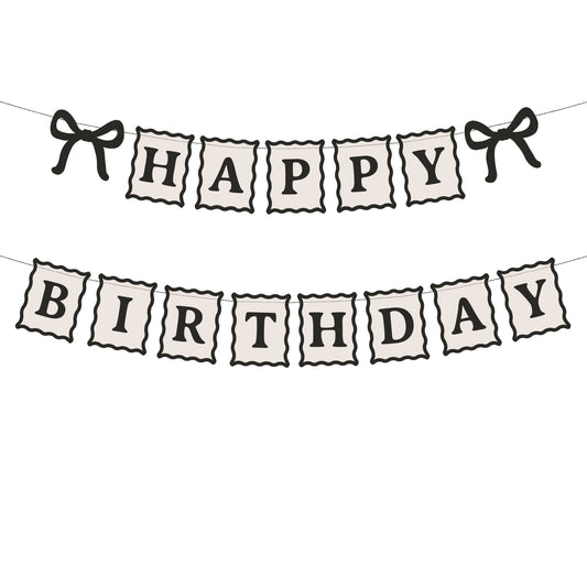 Minimal Happy Birthday banner in cream and black with bow details. Perfect for modern, stylish birthday decorations.